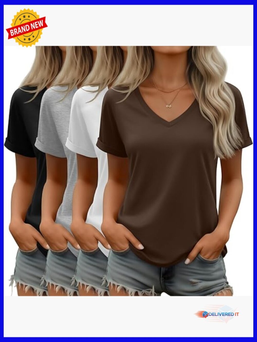 4 Pack Women's V-Neck T-Shirts Rolled Cuff Short Sleeve Summer Tops Loose Fit